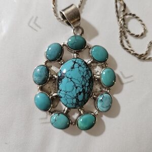 Native American Navajo Signed SI-925 Turquoise Sterling Silver Pendant Necklace